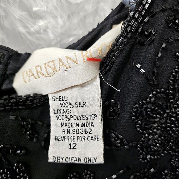 Parisian Room Dress Womens 12 Silk Black Beaded Lined Shoulder Pads LBD Vintage - Picture 3 of 9